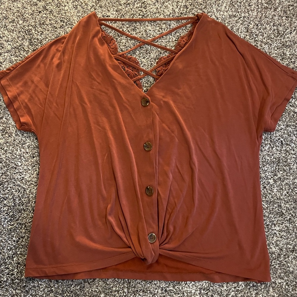 Daytrip Rust Crisscross Lace-Back Button Front Top
